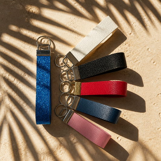Assorted custom wristlet keychains, including glitter and faux leather options in various colors.