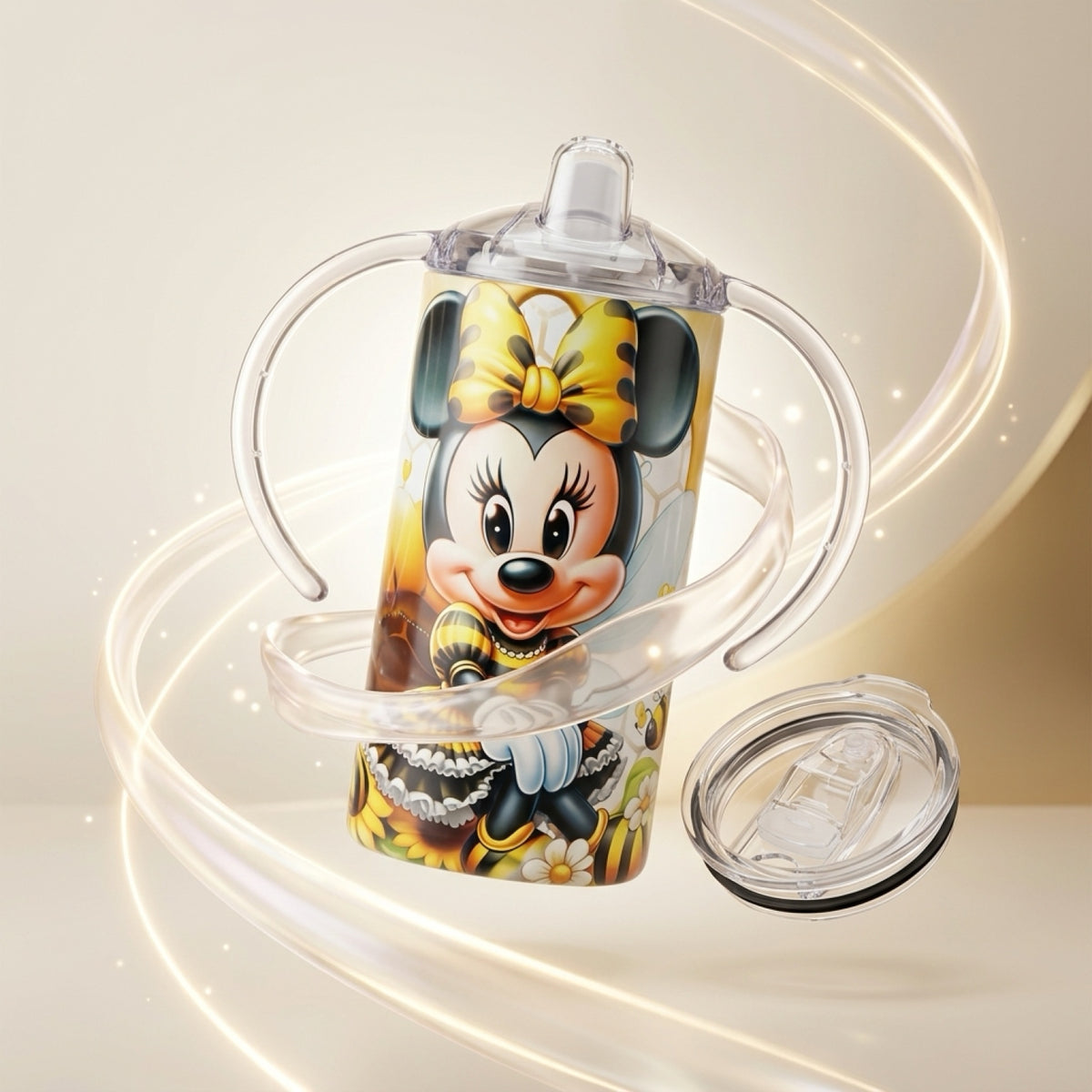 Custom infant sippy cup with handles featuring a Minnie Mouse character design.