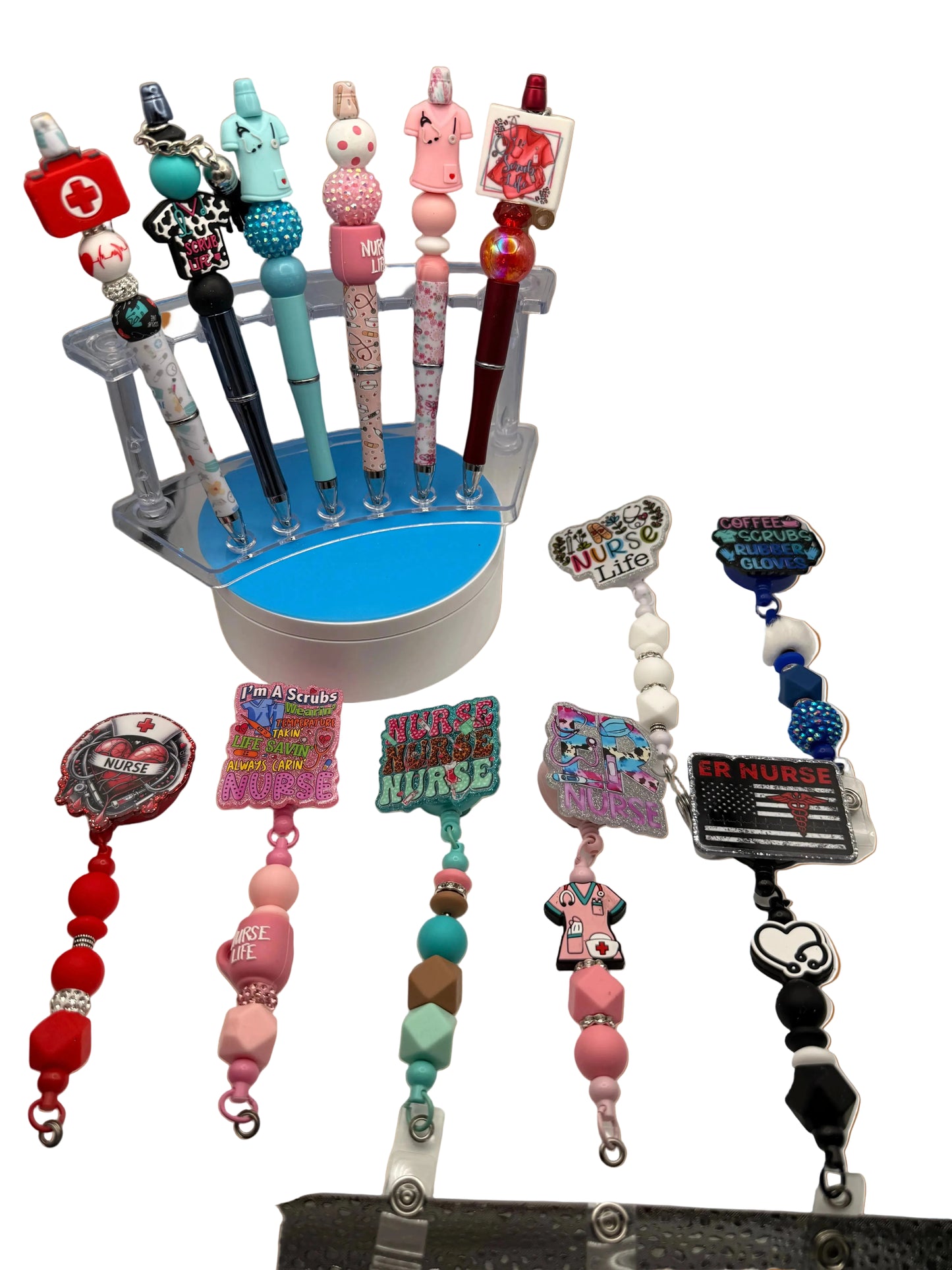 Collection of colorful beaded Nurse's badge holders 